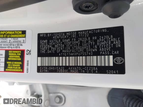 2023 Toyota Camry SE with VIN 4T1G11AKXPU755740, listed as a IAAI auction lot 43464689 with 35,445 mi miles and . Bid and sale history available at DreamBid. Image 9.