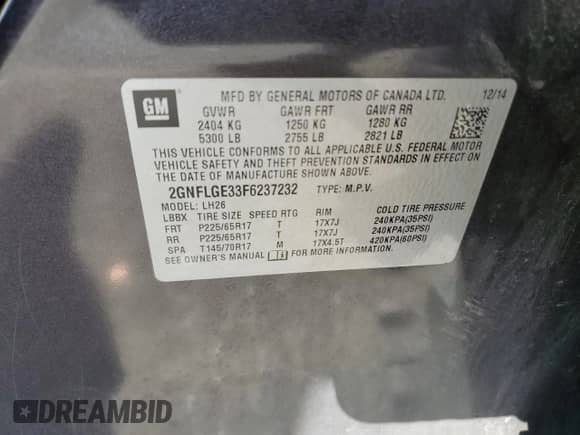 2015 Chevrolet Equinox LT with VIN 2GNFLGE33F6237232, listed as a Copart auction lot 82776665 with 128,693 mi miles and Salvage title. Bid and sale history available at DreamBid. Image 13.