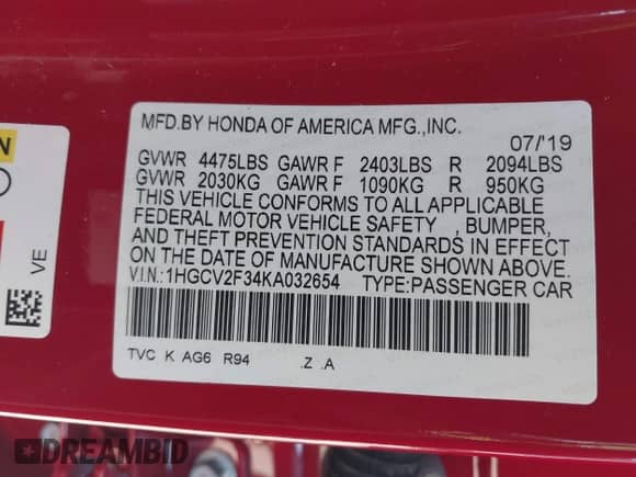 2019 Honda Accord Sport with VIN 1HGCV2F34KA032654, listed as a IAAI auction lot 42760492 with 21,479 mi miles and . Bid and sale history available at DreamBid. Image 9.