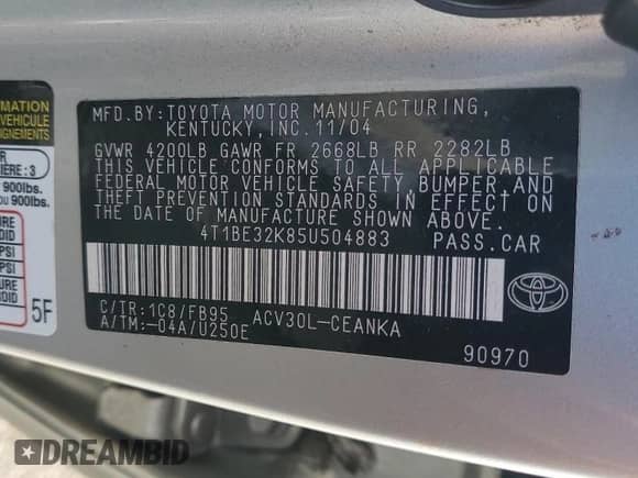 2005 Toyota Camry XLE z VIN 4T1BE32K85U504883, wystawiony jako Copart lot #87354985 z przebiegiem 219 791 mil mil oraz Szkoda całkowita • Salvage title. Historia ofert i sprzedaży dostępna na DreamBid. Obrazek 13.