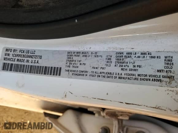 2022 Ram 1500 Big Horn с VIN 1C6RREBG6NN272770, выставлен на аукционе Copart как лот 85832065 с пробегом 87 802 миль миль и Чистый • Clean title. История ставок и продаж доступна на DreamBid. Изображение 12.