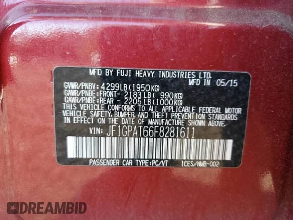 2015 Subaru Impreza Special Sports Premium with VIN JF1GPAT66F8281611, listed as a Copart auction lot 85330605 with 59,220 mi miles and Salvage title. Bid and sale history available at DreamBid. Image 12.