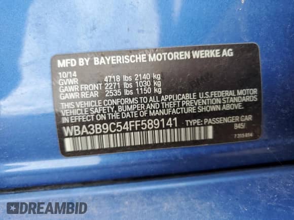 2015 BMW 3 Series 335i xDrive with VIN WBA3B9C54FF589141, listed as a Copart auction lot 69980065 with 148,486 mi miles and Clean title. Bid and sale history available at DreamBid. Image 12.