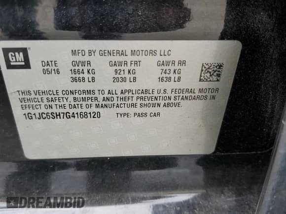 2016 Chevrolet Sonic LT с VIN 1G1JC6SH7G4168120, выставлен на аукционе Copart как лот 70080905 с пробегом 123 872 миль миль и Списание • Salvage title. История ставок и продаж доступна на DreamBid. Изображение 12.