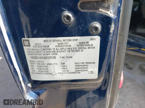 2002 Chevrolet Silverado 1500 with VIN 1GCEC14V32Z127638, listed as a IAAI auction lot 43279822 with Not provided miles and . Bid and sale history available at DreamBid. Image 9.