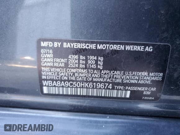 2017 BMW 3 Series 320i with VIN WBA8A9C50HK619674, listed as a Copart auction lot 87458225 with 200,331 mi miles and Clean title. Bid and sale history available at DreamBid. Image 12.