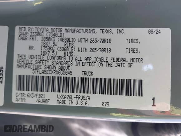 2024 Toyota Tundra SR5 with VIN 5TFLA5ECXRX035045, listed as a IAAI auction lot 42762521 with 23,439 mi miles and . Bid and sale history available at DreamBid. Image 9.