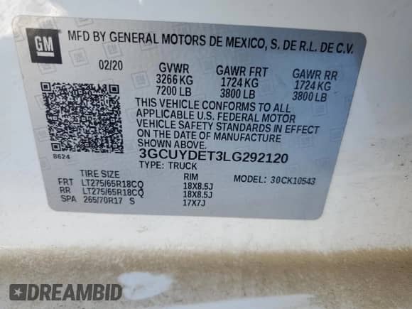 2020 Chevrolet Silverado 1500 LT с VIN 3GCUYDET3LG292120, выставлен на аукционе Copart как лот 45166795 с пробегом 72 714 миль миль и Списание • Salvage title. История ставок и продаж доступна на DreamBid. Изображение 14.