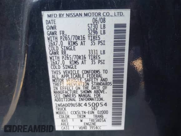 2008 Nissan Frontier SE with VIN 1N6AD09U58C450054, listed as a IAAI auction lot 43496135 with 116,975 mi miles and . Bid and sale history available at DreamBid. Image 9.