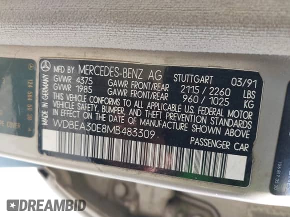 1991 Mercedes-Benz 300 с VIN WDBEA30E8MB483309, выставлен на аукционе IAAI как лот 42909674 с пробегом 9 783 миль миль и . История ставок и продаж доступна на DreamBid. Изображение 9.