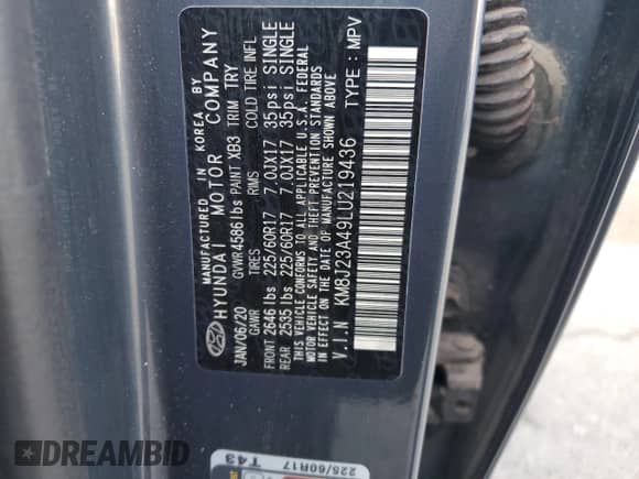2020 Hyundai Tucson SE с VIN KM8J23A49LU219436, выставлен на аукционе Copart как лот 70165155 с пробегом 33 243 миль миль и Списание • Salvage title. История ставок и продаж доступна на DreamBid. Изображение 12.