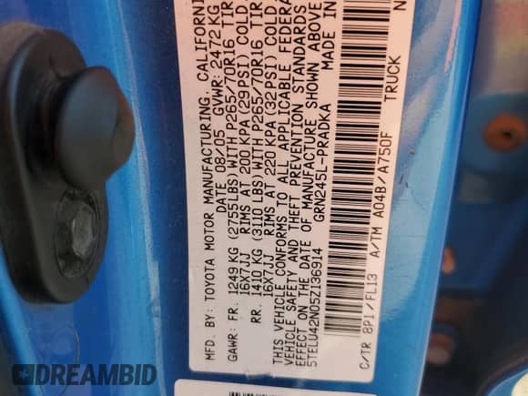 2005 Toyota Tacoma с VIN 5TELU42N05Z136914, выставлен на аукционе Copart как лот 84279715 с пробегом 235 904 миль миль и Чистый • Clean title. История ставок и продаж доступна на DreamBid. Изображение 12.