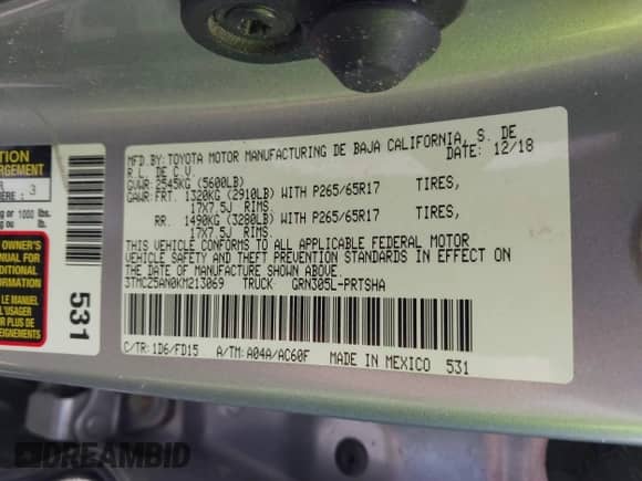2019 Toyota Tacoma TRD Off Road с VIN 3TMCZ5AN0KM213069, выставлен на аукционе IAAI как лот 42864612 с пробегом 121 234 миль миль и . История ставок и продаж доступна на DreamBid. Изображение 9.