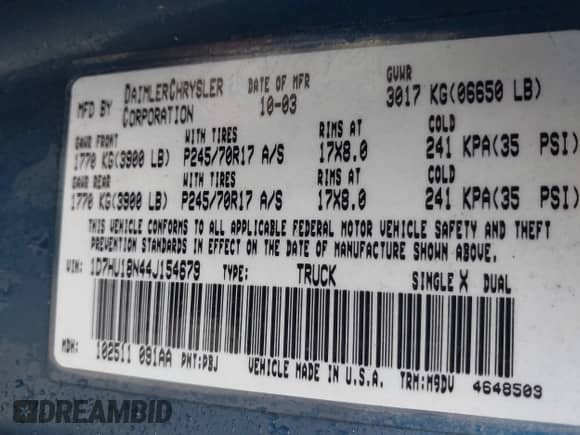 2004 Dodge 1500 SLT with VIN 1D7HU18N44J154679, listed as a IAAI auction lot 43499806 with 179,505 mi miles and . Bid and sale history available at DreamBid. Image 9.