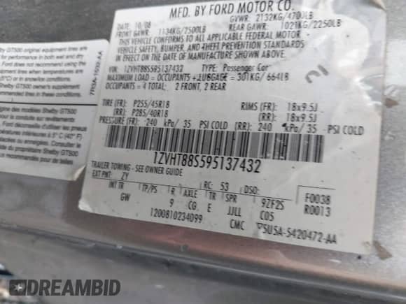 2009 Ford Mustang Shelby GT500 z VIN 1ZVHT88S595137432, wystawiony jako IAAI lot #41941872 z przebiegiem 118 011 mil mil oraz . Historia ofert i sprzedaży dostępna na DreamBid. Obrazek 9.