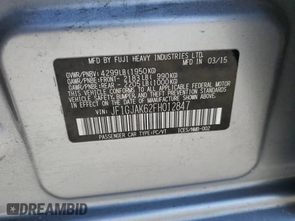 2015 Subaru Impreza Premium with VIN JF1GJAK62FH012847, listed as a Copart auction lot 70909845 with 160,652 mi miles and Salvage title. Bid and sale history available at DreamBid. Image 12.