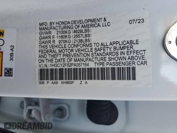 2023 Honda Accord Sport with VIN 1HGCY2F52PA057164, listed as a Copart auction lot 80887945 with 31,139 mi miles and Salvage title. Bid and sale history available at DreamBid. Image 12.