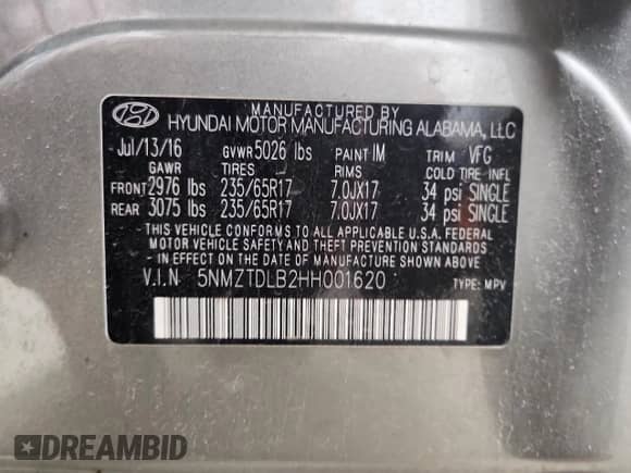 2017 Hyundai Santa Fe 2.4L with VIN 5NMZTDLB2HH001620, listed as a Copart auction lot 86635355 with 84,897 mi miles and Clean title. Bid and sale history available at DreamBid. Image 13.