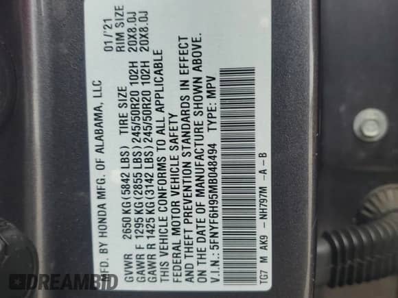 2021 Honda Pilot Touring 8-Passenger с VIN 5FNYF6H95MB048494, выставлен на аукционе Copart как лот 61347115 с пробегом 174 016 миль миль и Списание • Salvage title. История ставок и продаж доступна на DreamBid. Изображение 13.