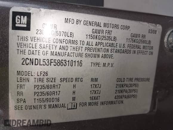 2008 Chevrolet Equinox LT с VIN 2CNDL53F586310116, выставлен на аукционе IAAI как лот 43093034 с пробегом 159 276 миль миль и . История ставок и продаж доступна на DreamBid. Изображение 9.