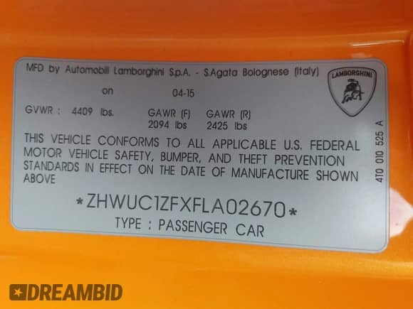 2015 Lamborghini Huracan z VIN ZHWUC1ZFXFLA02670, wystawiony jako IAAI lot #43213337 z przebiegiem 13 840 mil mil oraz . Historia ofert i sprzedaży dostępna na DreamBid. Obrazek 9.