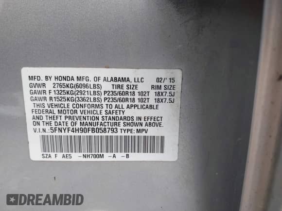 2015 Honda Pilot Touring с VIN 5FNYF4H90FB058793, выставлен на аукционе IAAI как лот 42881495 с пробегом 316 893 миль миль и . История ставок и продаж доступна на DreamBid. Изображение 9.