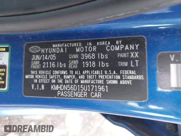 2005 Hyundai Elantra GLS z VIN KMHDN56D15U171961, wystawiony jako IAAI lot #42467866 z przebiegiem 93 890 mil mil oraz . Historia ofert i sprzedaży dostępna na DreamBid. Obrazek 9.