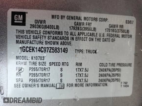 2007 Chevrolet Silverado 1500 Work Truck z VIN 1GCEK14C97Z583149, wystawiony jako Copart lot #71117295 z przebiegiem 195 596 mil mil oraz Szkoda całkowita • Salvage title. Historia ofert i sprzedaży dostępna na DreamBid. Obrazek 12.