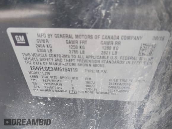 2017 Chevrolet Equinox Premier с VIN 2GNFLGE34H6154119, выставлен на аукционе IAAI как лот 42906196 с пробегом 165 359 миль миль и . История ставок и продаж доступна на DreamBid. Изображение 9.