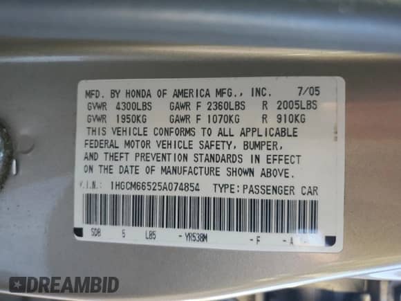 2005 Honda Accord EX-L with VIN 1HGCM66525A074854, listed as a Copart auction lot 86831835 with 187,765 mi miles and Salvage title. Bid and sale history available at DreamBid. Image 12.