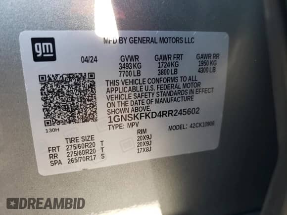 2024 Chevrolet Suburban Premier с VIN 1GNSKFKD4RR245602, выставлен на аукционе Copart как лот 74384904 с пробегом 3 829 миль миль и Списание • Salvage title. История ставок и продаж доступна на DreamBid. Изображение 13.