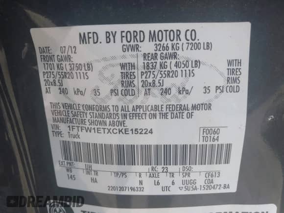 2012 Ford F-150 XL с VIN 1FTFW1ETXCKE15224, выставлен на аукционе IAAI как лот 43470044 с пробегом 227 689 миль миль и . История ставок и продаж доступна на DreamBid. Изображение 9.