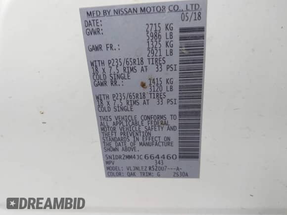 2018 Nissan Pathfinder SV с VIN 5N1DR2MM4JC664460, выставлен на аукционе IAAI как лот 42336424 с пробегом 116 203 миль миль и . История ставок и продаж доступна на DreamBid. Изображение 9.