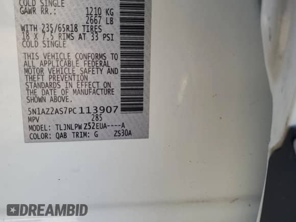 2023 Nissan Murano S с VIN 5N1AZ2AS7PC113907, выставлен на аукционе Copart как лот 75833274 с пробегом 20 768 миль миль и Списание • Salvage title. История ставок и продаж доступна на DreamBid. Изображение 15.