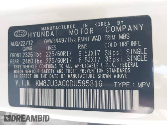 2013 Hyundai Tucson GLS z VIN KM8JU3AC0DU595316, wystawiony jako IAAI lot #43407036 z przebiegiem 184 884 mil mil oraz . Historia ofert i sprzedaży dostępna na DreamBid. Obrazek 9.