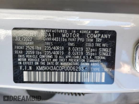 2023 Hyundai Kona с VIN KM8KH3AC0PU006293, выставлен на аукционе Copart как лот 47218155 с пробегом 42 709 миль миль и Списание • Salvage title. История ставок и продаж доступна на DreamBid. Изображение 15.