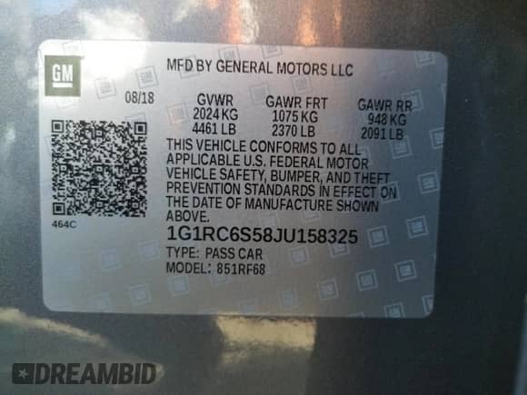 2018 Chevrolet Volt LT с VIN 1G1RC6S58JU158325, выставлен на аукционе Copart как лот 37330093 с пробегом 24 851 миль миль и . История ставок и продаж доступна на DreamBid. Изображение 12.