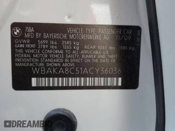 2010 BMW 7 Series 750i z VIN WBAKA8C51ACY36036, wystawiony jako Copart lot #67574805 z przebiegiem 85 113 mil mil oraz Czysty tytuł • Clean title. Historia ofert i sprzedaży dostępna na DreamBid. Obrazek 12.
