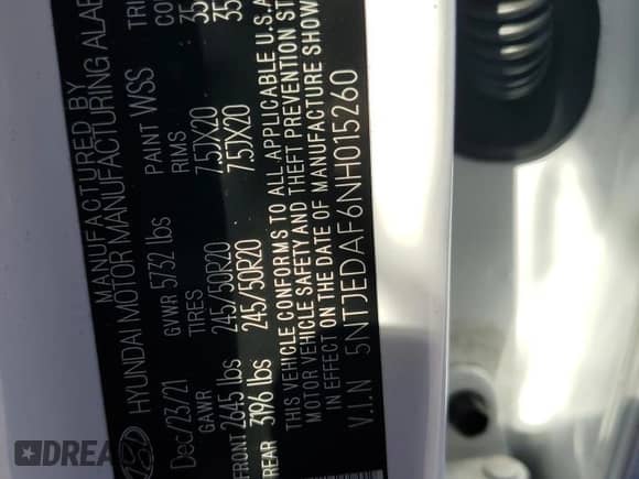 2022 Hyundai Santa Cruz Limited с VIN 5NTJEDAF6NH015260, выставлен на аукционе Copart как лот 72182174 с пробегом Не указан миль и На запчасти • Non repairable. История ставок и продаж доступна на DreamBid. Изображение 12.