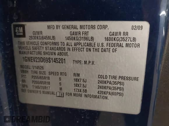 2009 Chevrolet Traverse 2LT с VIN 1GNEV23D69S145201, выставлен на аукционе IAAI как лот 42321512 с пробегом 171 979 миль миль и . История ставок и продаж доступна на DreamBid. Изображение 9.