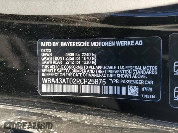 2024 BMW 4 Series 430i xDrive with VIN WBA43AT02RCP25876, listed as a Copart auction lot 86365224 with Not provided miles and Salvage title. Bid and sale history available at DreamBid. Image 12.