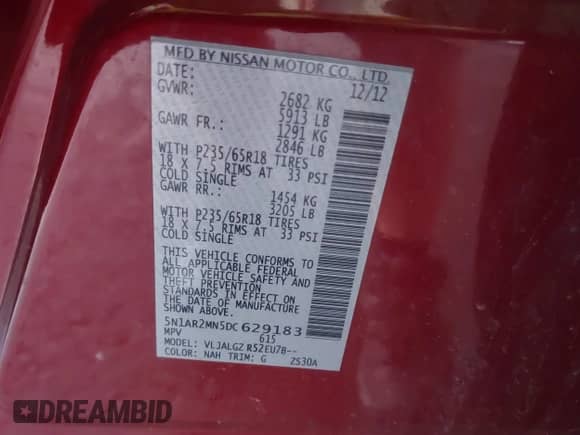 2013 Nissan Pathfinder S с VIN 5N1AR2MN5DC629183, выставлен на аукционе IAAI как лот 42567895 с пробегом 178 240 миль миль и . История ставок и продаж доступна на DreamBid. Изображение 9.