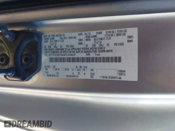 2016 Ford F-150 XLT z VIN 1FTFX1EF0GFC31917, wystawiony jako IAAI lot #43430217 z przebiegiem 210 731 mil mil oraz . Historia ofert i sprzedaży dostępna na DreamBid. Obrazek 9.