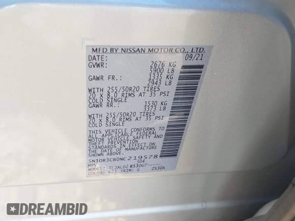 2022 Nissan Pathfinder SL z VIN 5N1DR3CB0NC219578, wystawiony jako IAAI lot #41285197 z przebiegiem 41 856 mil mil oraz . Historia ofert i sprzedaży dostępna na DreamBid. Obrazek 9.