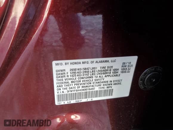 2019 Honda Pilot EX-L z VIN 5FNYF6H43KB016497, wystawiony jako Copart lot #65757995 z przebiegiem 21 459 mil mil oraz Szkoda całkowita • Salvage title. Historia ofert i sprzedaży dostępna na DreamBid. Obrazek 14.