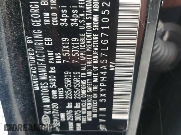 2020 Kia Sorento EX z VIN 5XYPH4A57LG710522, wystawiony jako Copart lot #60142965 z przebiegiem 94 776 mil mil oraz Szkoda całkowita • Salvage title. Historia ofert i sprzedaży dostępna na DreamBid. Obrazek 13.