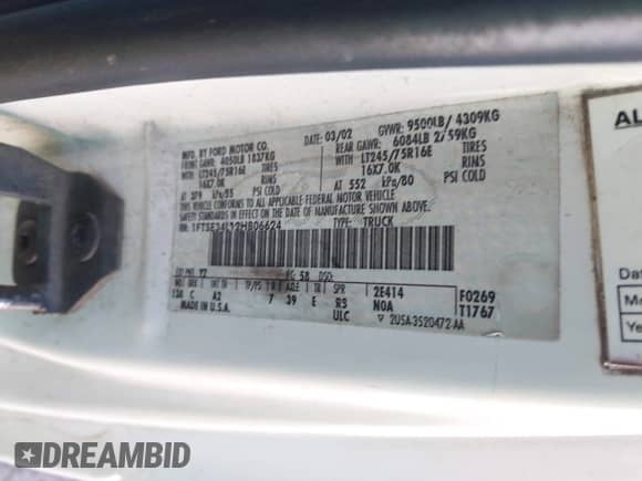 2002 Ford Econoline Cargo Commercial with VIN 1FTSE34L12HB06624, listed as a IAAI auction lot 43004633 with 199,587 mi miles and . Bid and sale history available at DreamBid. Image 9.