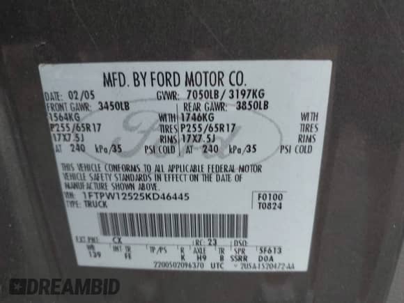 2005 Ford F-150 XLT z VIN 1FTPW12525KD46445, wystawiony jako IAAI lot #43081475 z przebiegiem Nie podano mil oraz . Historia ofert i sprzedaży dostępna na DreamBid. Obrazek 9.