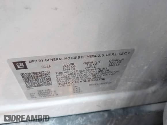 2020 Chevrolet Equinox LT z VIN 3GNAXJEV5LS533766, wystawiony jako IAAI lot #43162079 z przebiegiem 93 868 mil mil oraz . Historia ofert i sprzedaży dostępna na DreamBid. Obrazek 9.