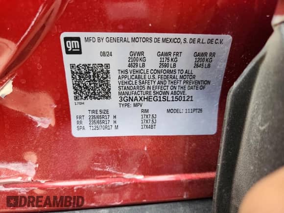 2025 Chevrolet Equinox FWD LT with VIN 3GNAXHEG1SL150121, listed as a Copart auction lot 71527565 with 9,617 mi miles and Salvage title. Bid and sale history available at DreamBid. Image 12.